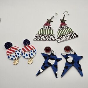 Plunder Earrings Lot Of 3 Pairs Dangle, Star, Christmas Tree, Red White Blue